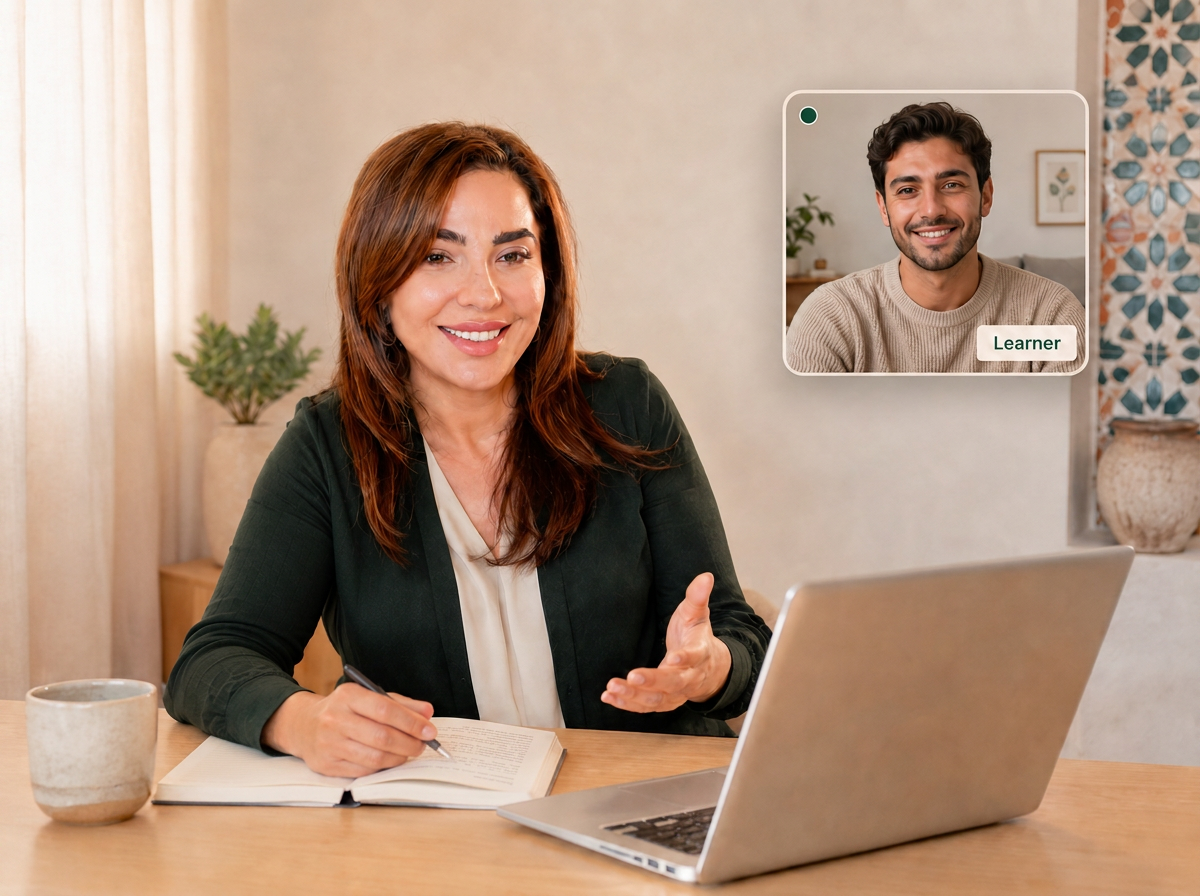 A friendly iMaster tutor giving a one-to-one online lesson to a learner